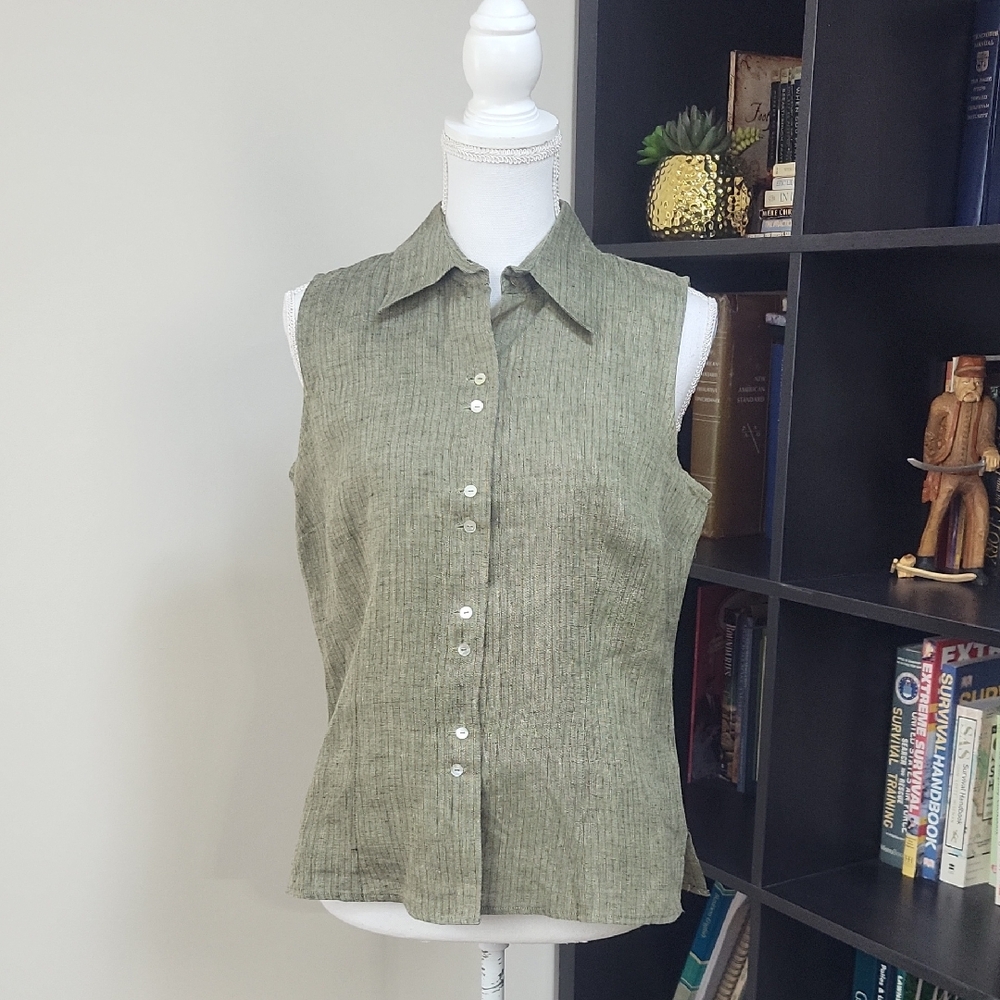 RICHARD MALCOLM Irish Linen Green Brown Sleeveless Kickpleat Lagenlook Top